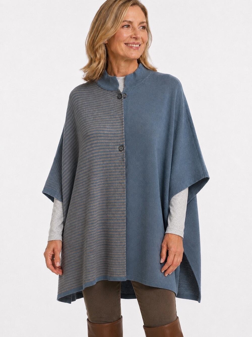 Nature & Laine Blue Wool Poncho Cardigan Made in France One Size